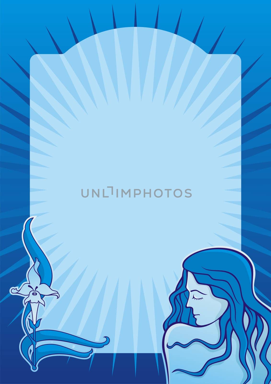 Young spa girl with iris flower on blue vertical background
