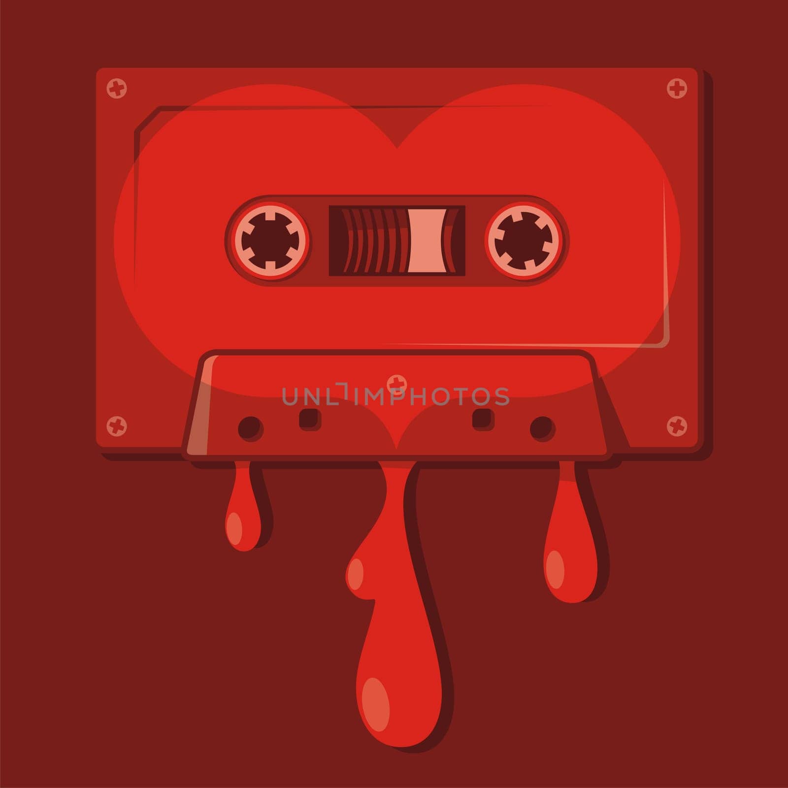 Audio cassette with a heart shape on it on red background