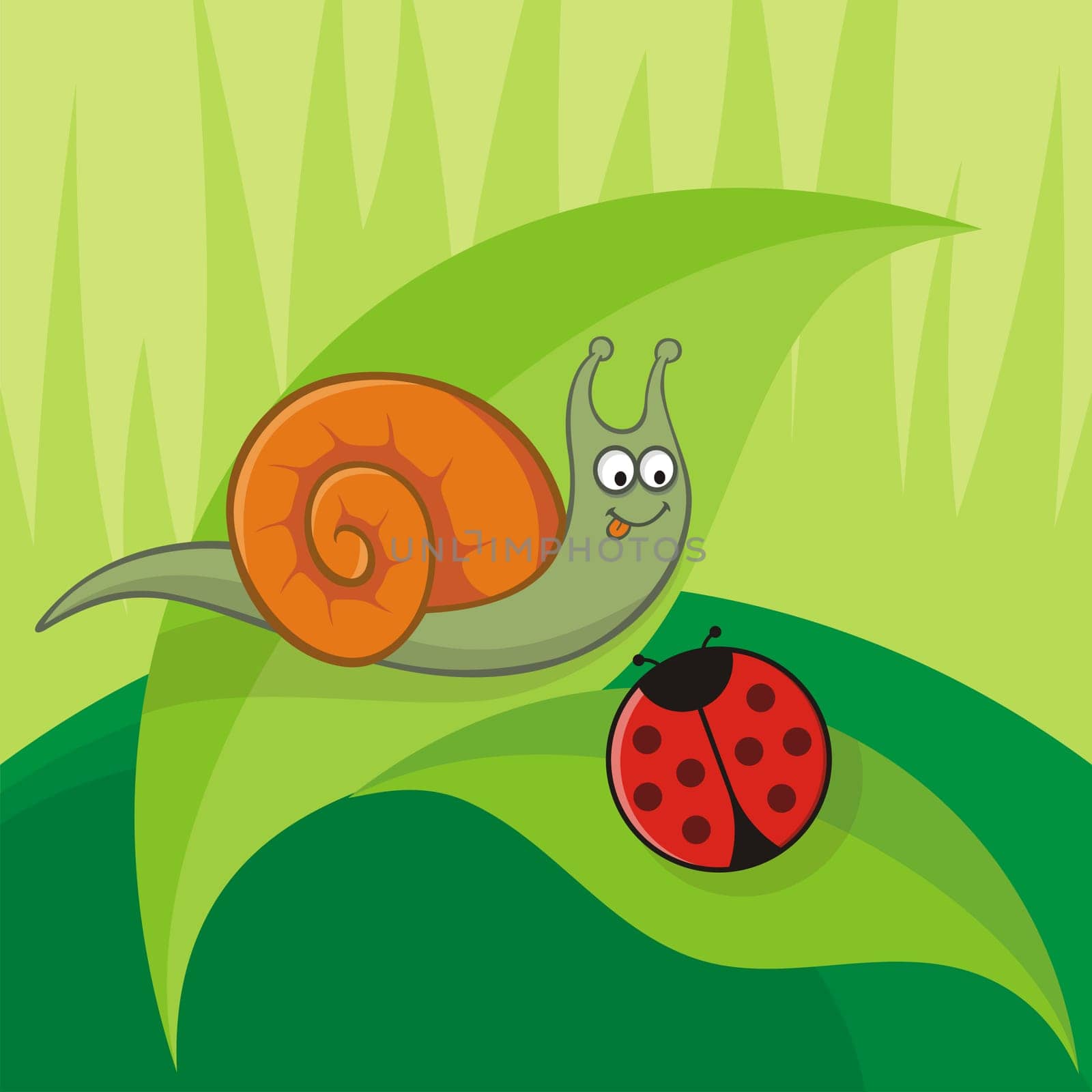 Cartoon snail with ladybug sitting on leaves
