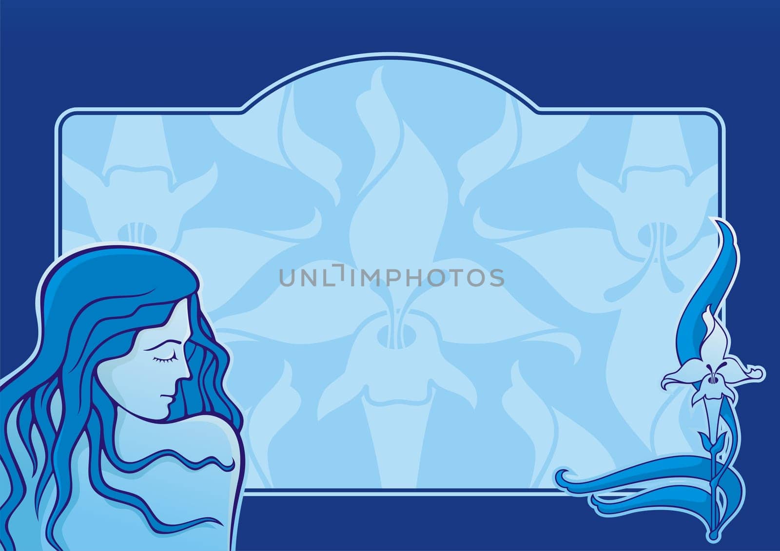 Young girl with iris flower on blue horizontal background
