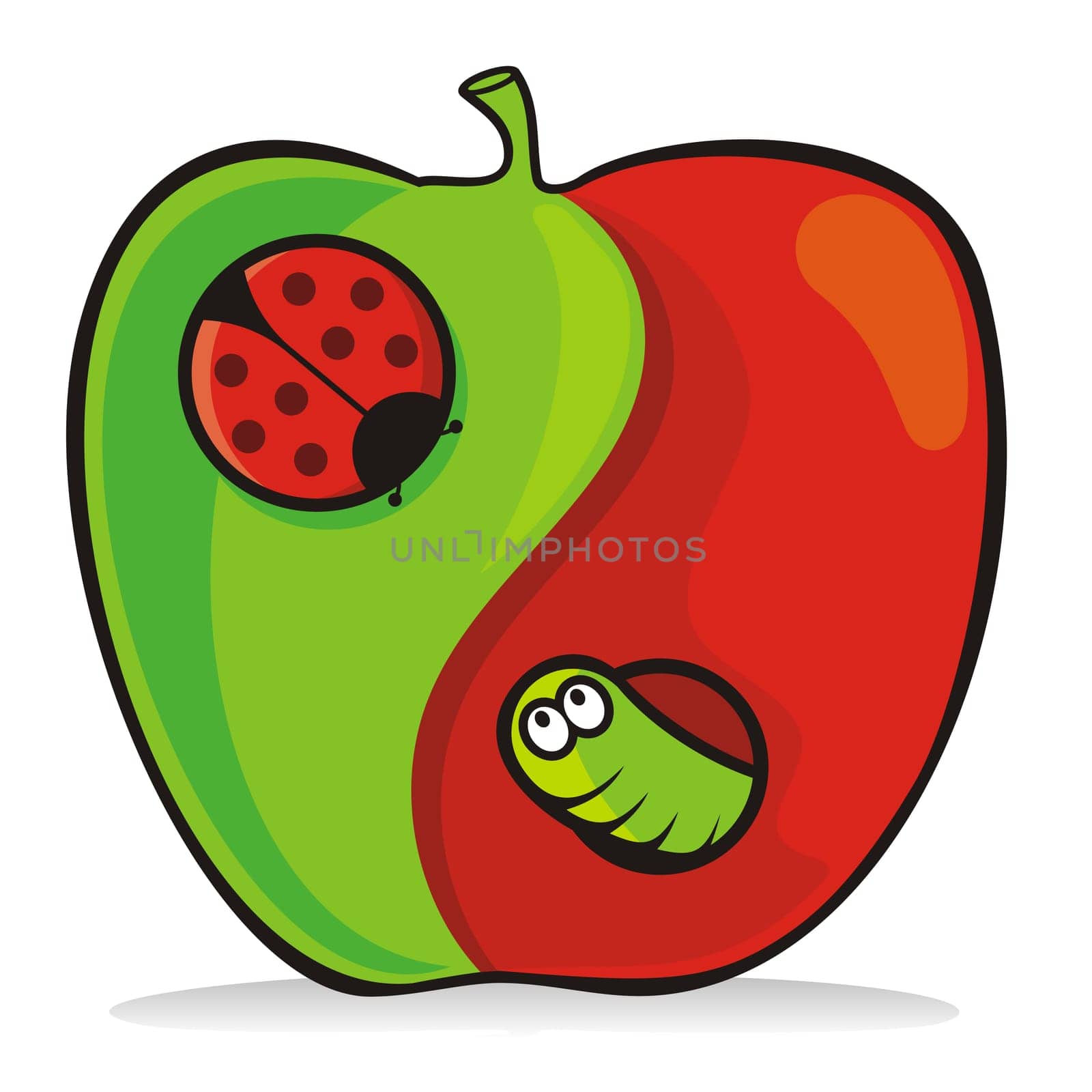 Yin yang apple cartoon with ladybug and worm