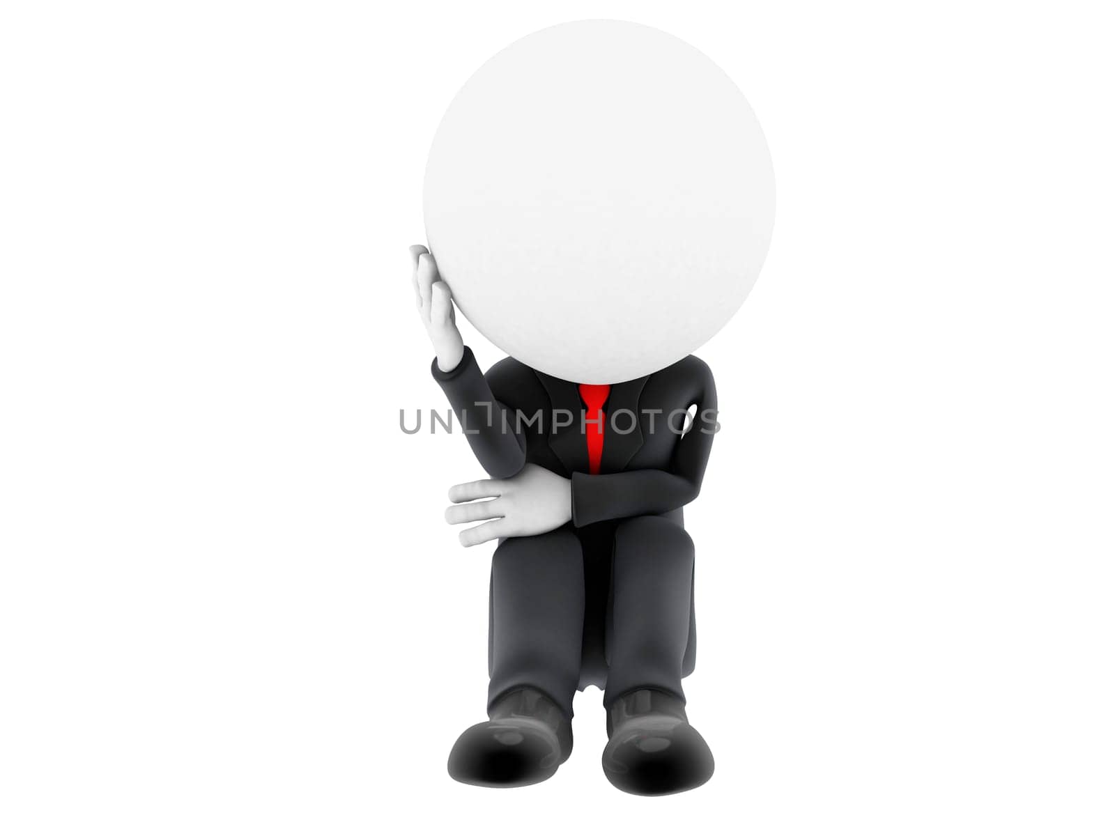 Sad 3d man sitting isolated on white background