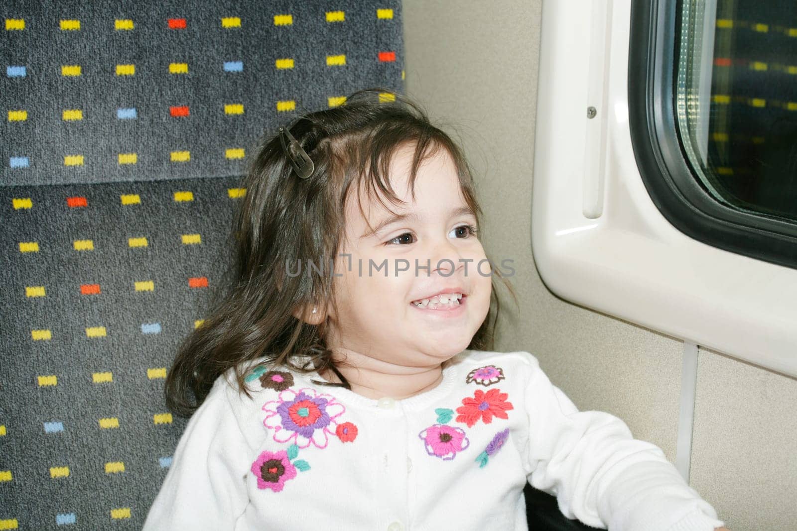 Cute little girl looking window inside a moving train