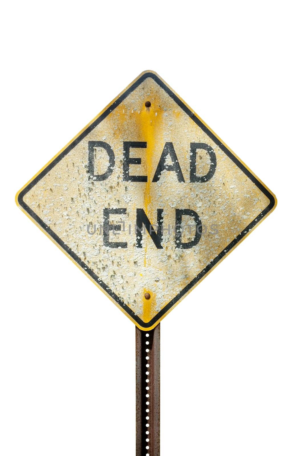 Old and weathered dead end signpost isolated on white