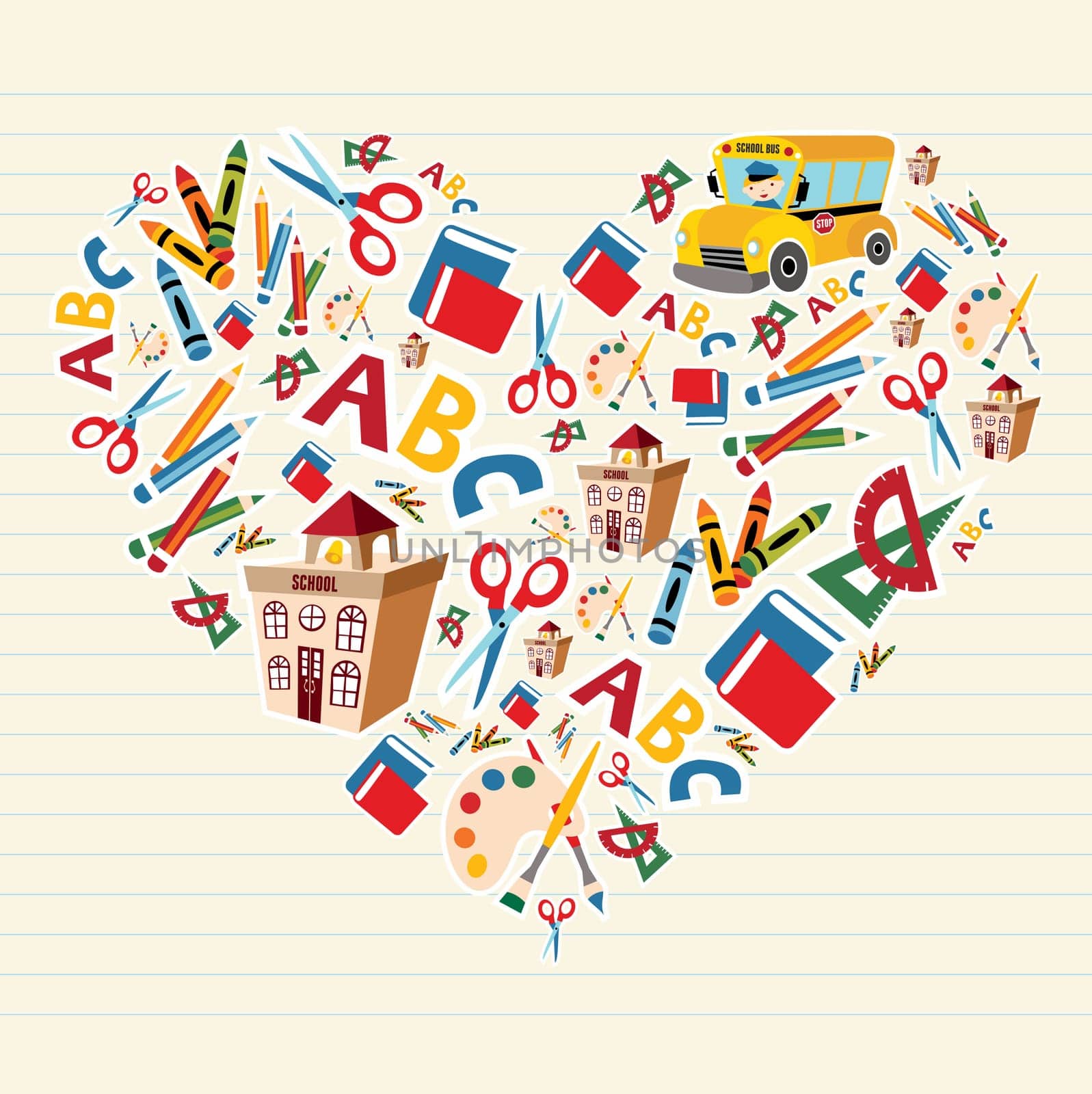 Set of school tools and supplies in heart shape background. Vector file layered for easy manipulation and custom coloring.