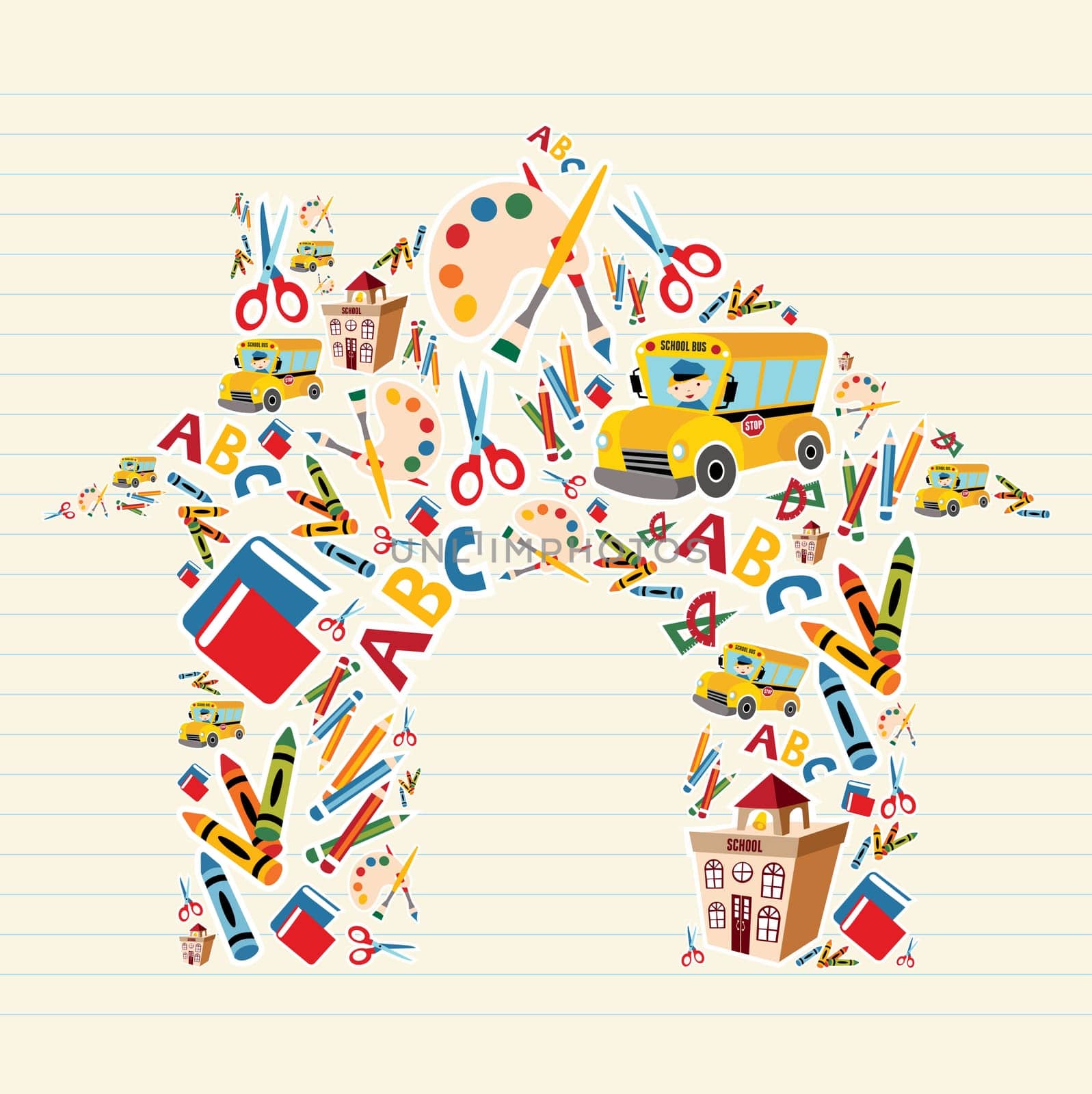 School tools and Supplies set in house shape background. Vector file layered for easy manipulation and custom coloring.