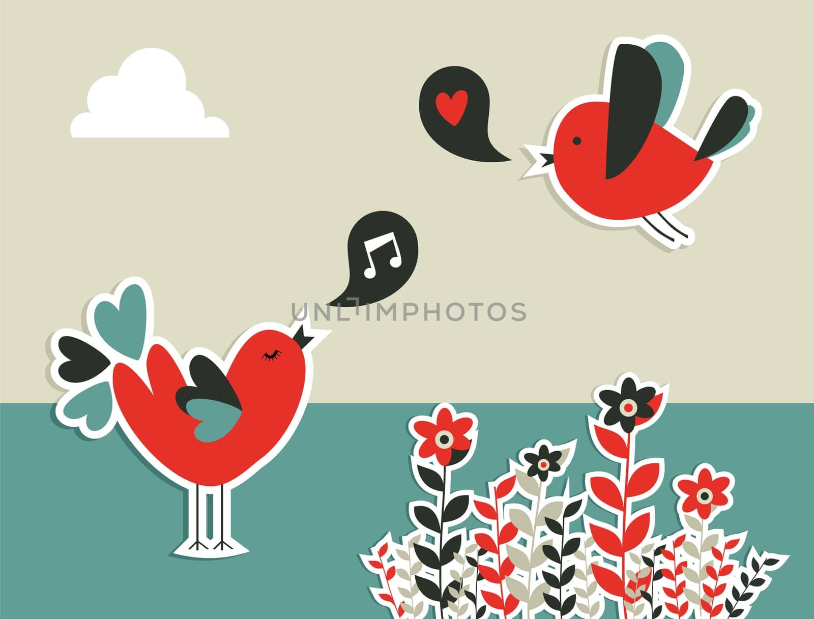 Fresh communication concept: birds with social speech bubble. Vector file layered for easy manipulation and custom coloring.