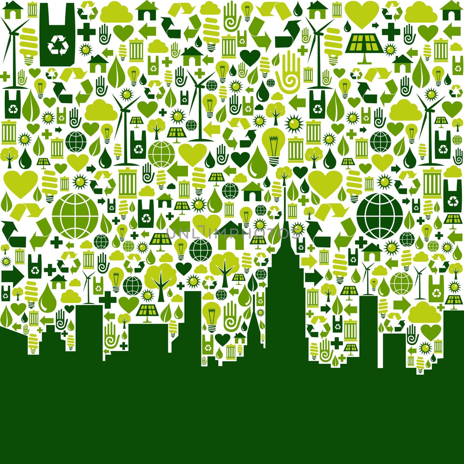 Green icon collection in city silhouette background. Vector file available.
