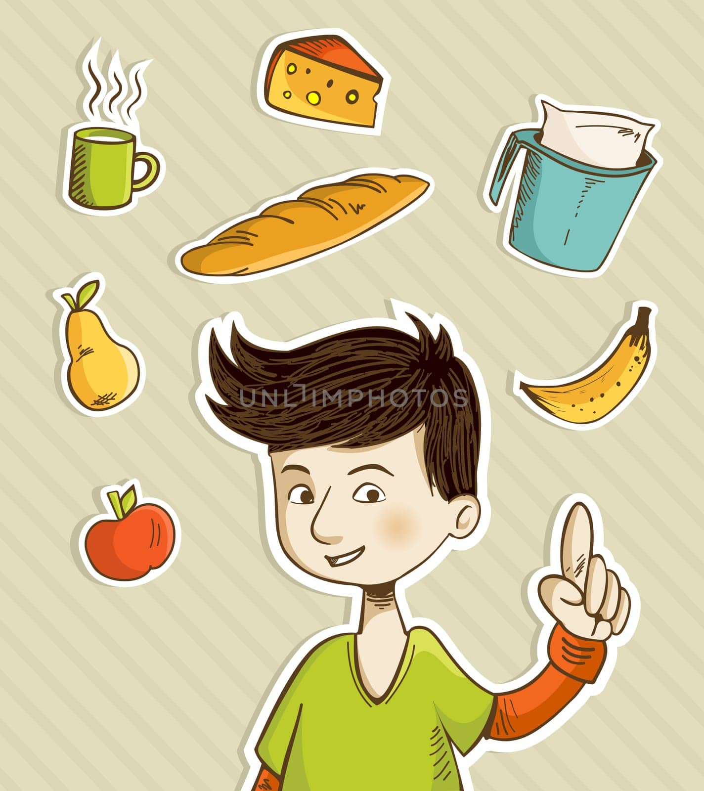 Cartoon boy shows healthy food for breakfast: apple, banana, pear, cheese, bread, coffee and milk. Vector file layered for easy manipulation and custom coloring.