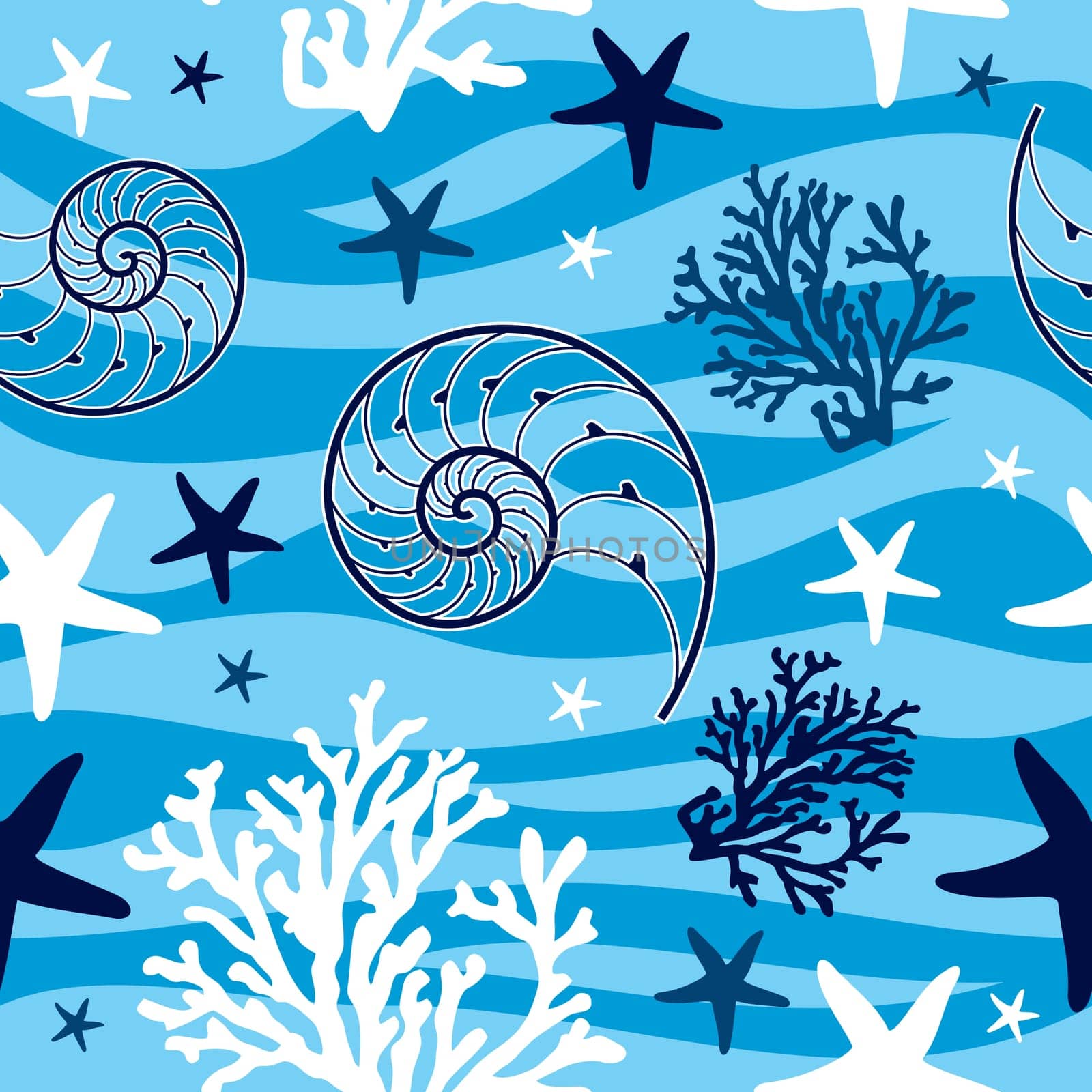 Sea shells and starfish marine seamless pattern background . Vector file layered for easy manipulation and custom coloring.
