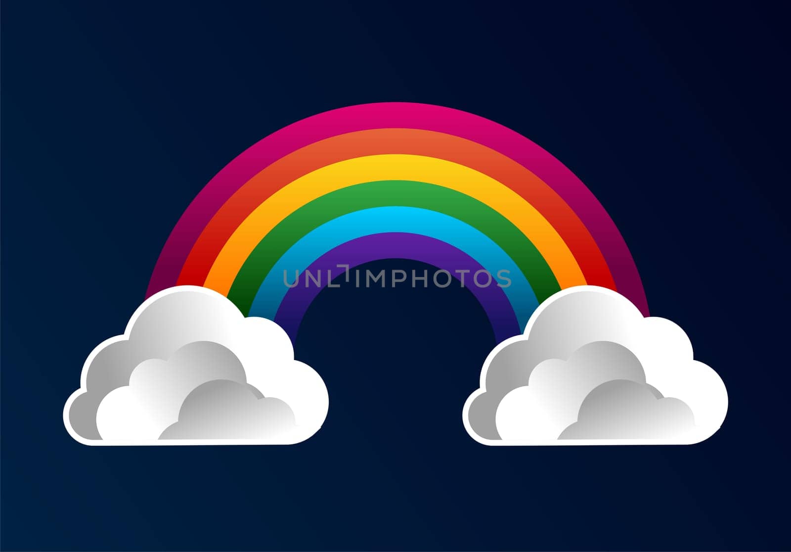 Colorful rainbow with cartoon clouds over blue background. Vector file layered for easy manipulation and custom coloring.