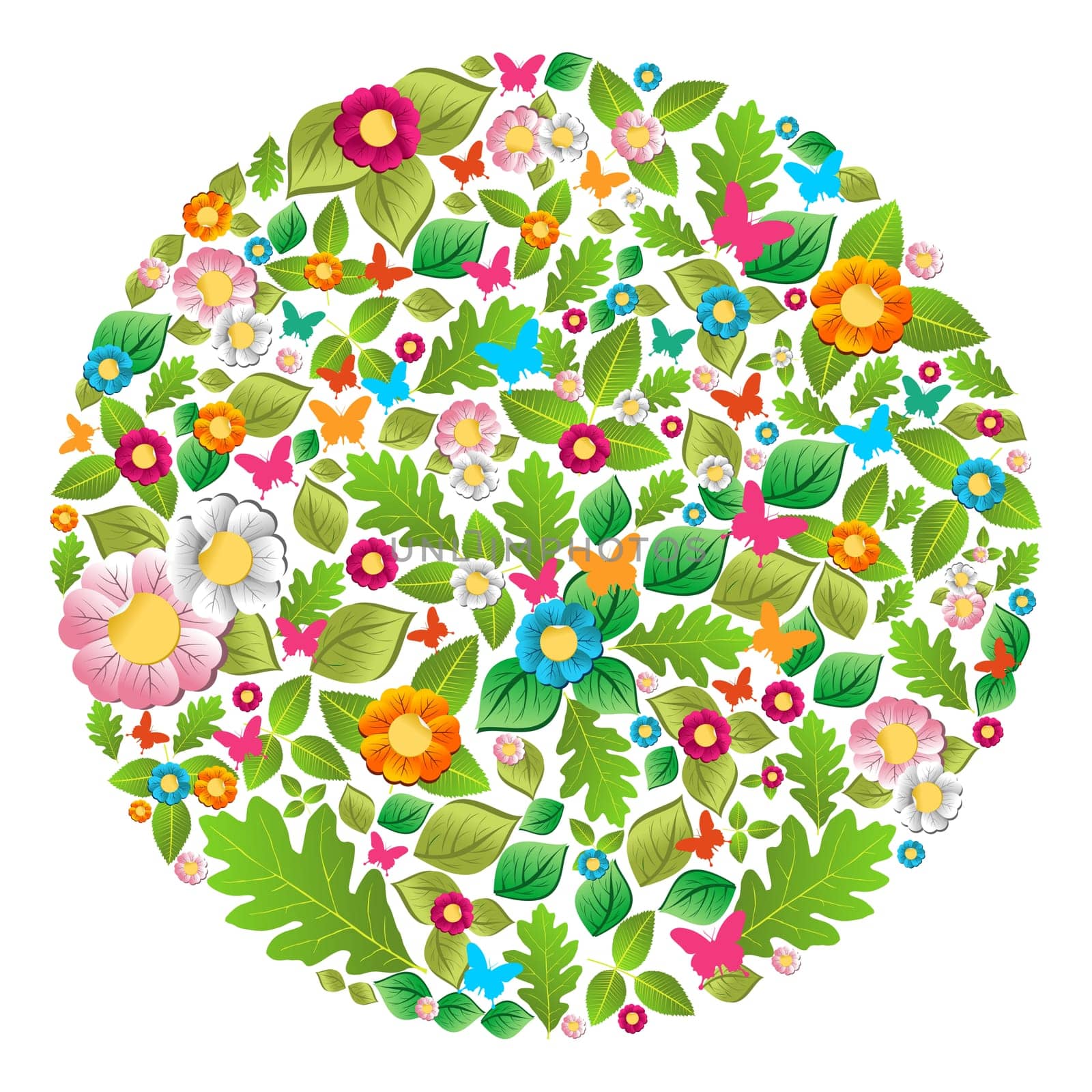 Leaf, flower, butterfly in spring and summer circle. Vector file layered for easy manipulation and custom coloring.