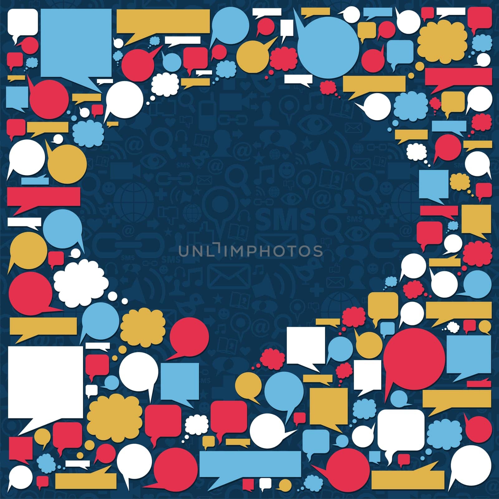 Social media icons texture in talk bubble shape composition over blue background. Vector file available.