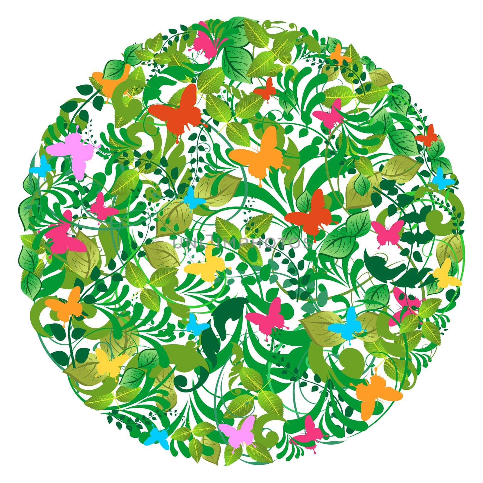 Leaf, flower and butterfly circle composition. Vector file layered for easy manipulation and custom coloring.