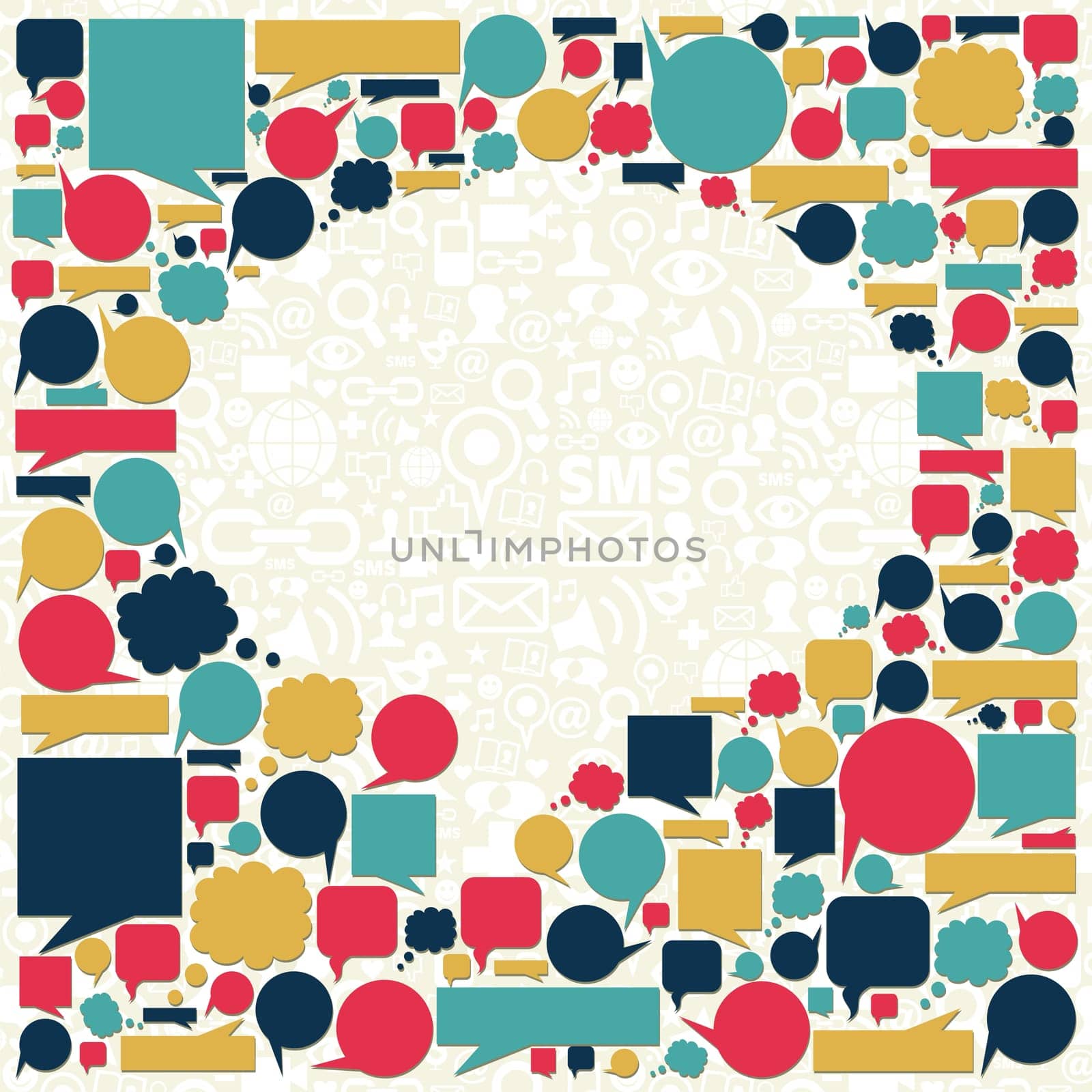 Social media icons texture in talk bubble shape composition background. Vector file available.