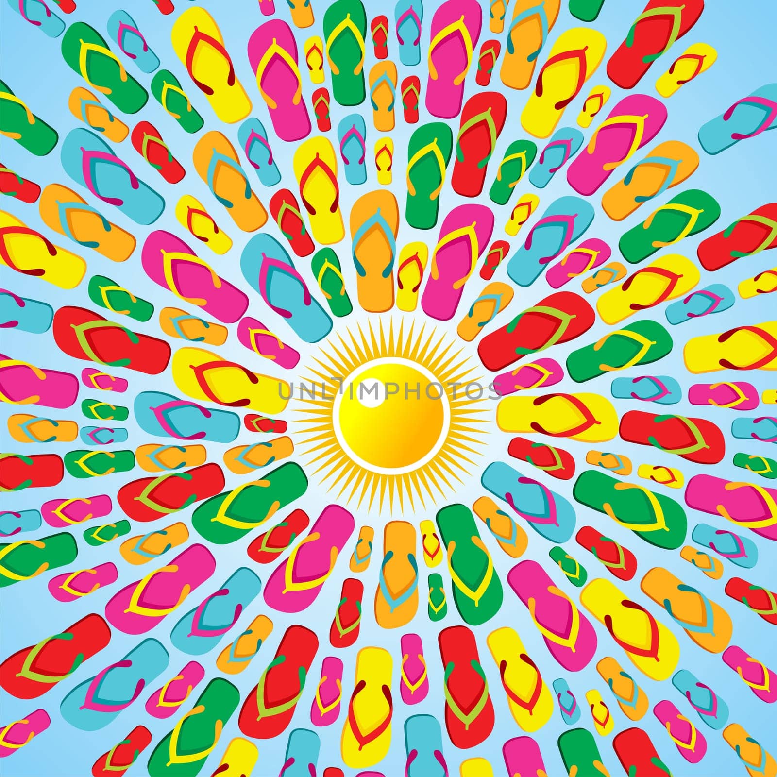 Flip flops icons colors splash and sun background. Vector file layered for easy manipulation and custom coloring.