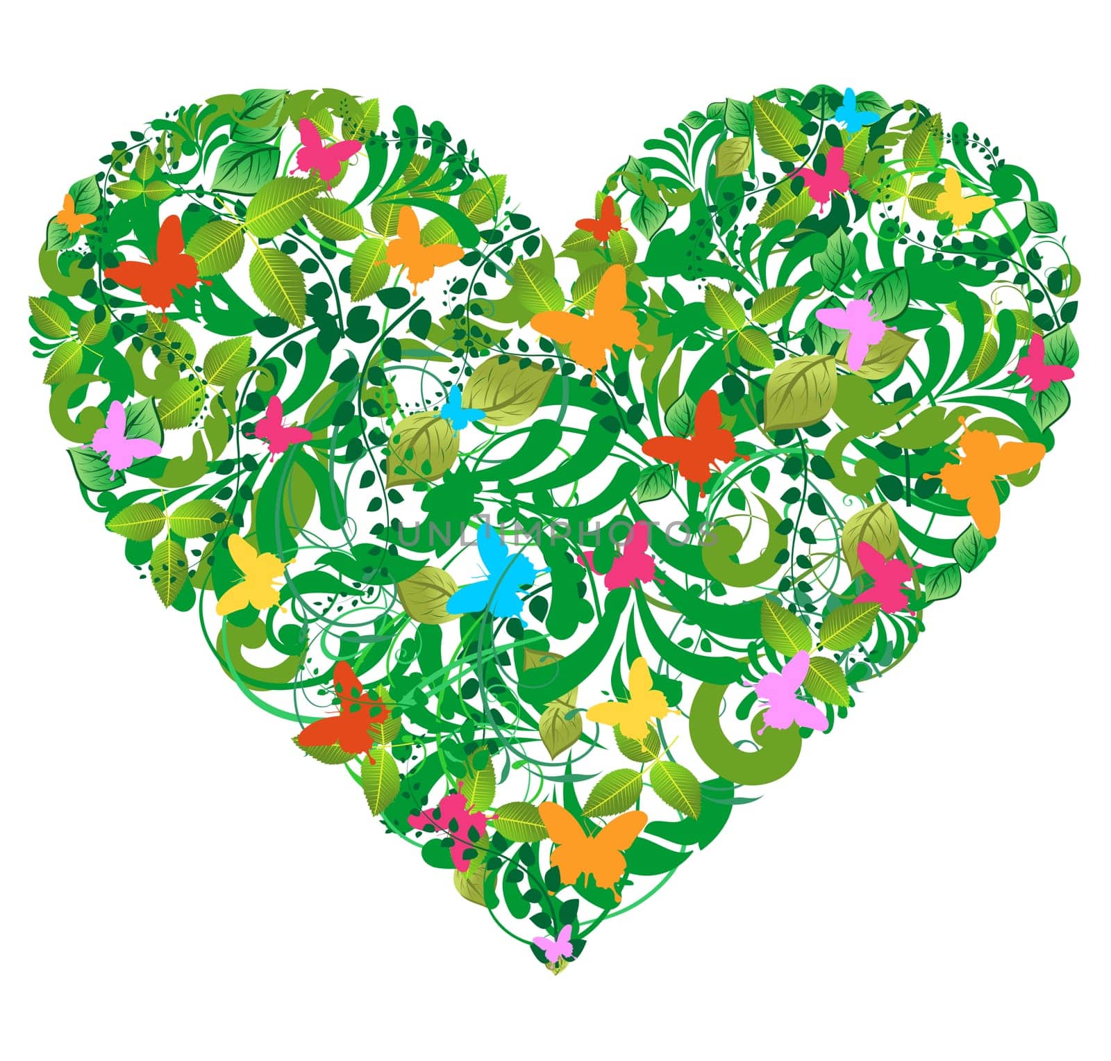 Leaf, flower and butterfly in love heart shape. Vector file layered for easy manipulation and custom coloring.