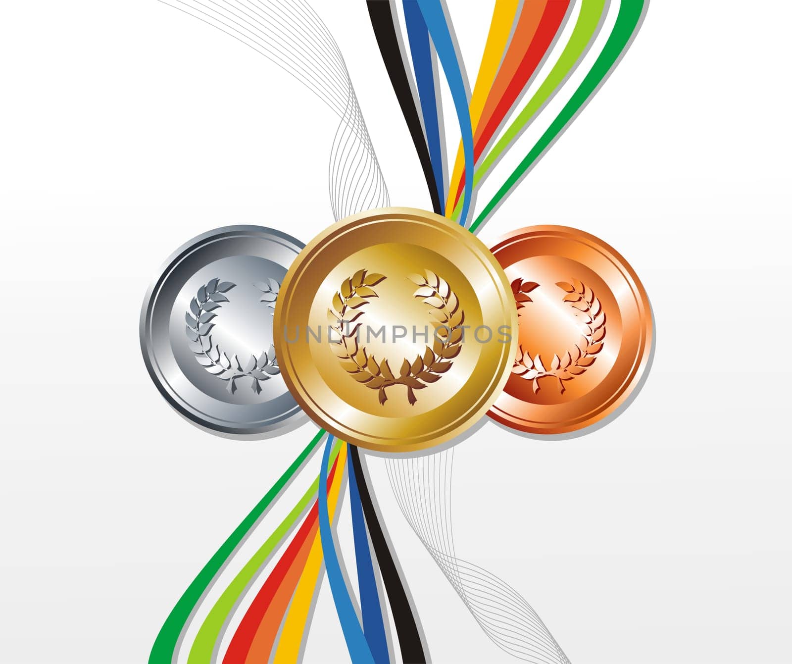 Sport gold, silver and bronze medals with ribbon elements set background. Vector file layered for easy manipulation and customisation.