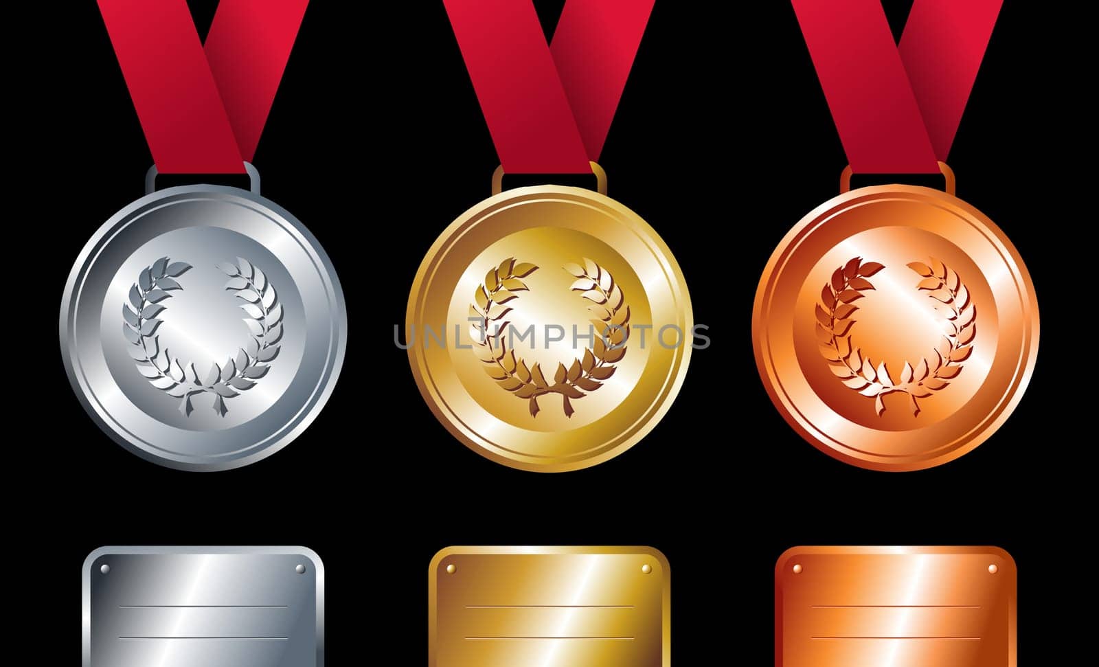 Sport winning positions: Gold, silver and bronze medals with ribbon set background. Vector file layered for easy manipulation and custom coloring.