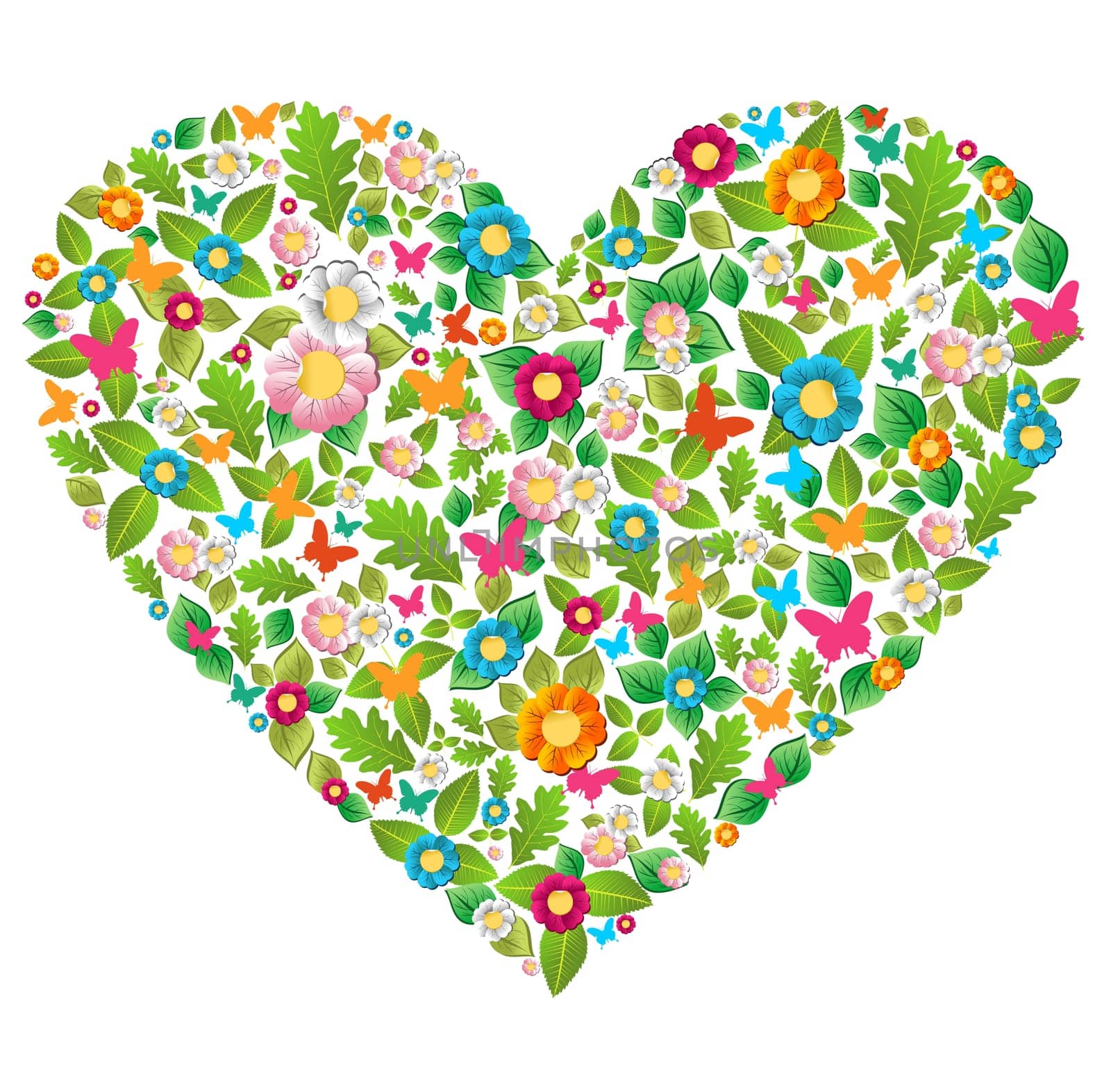 Leaf, flower and butterfly in love heart shape. Vector file layered for easy manipulation and custom coloring.
