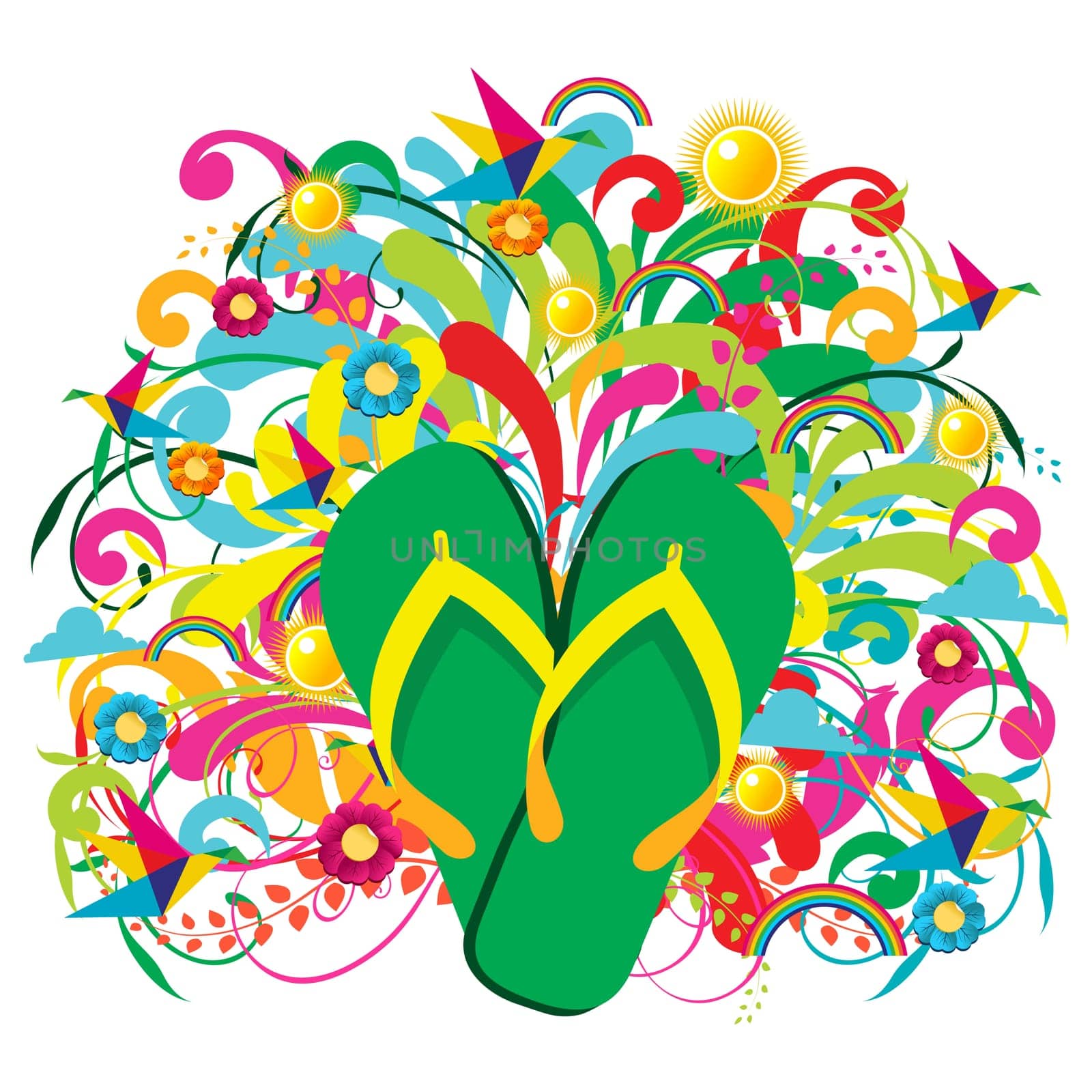 Multicolored Flip flops over summer floral background. Vector file layered for easy manipulation and custom coloring.
