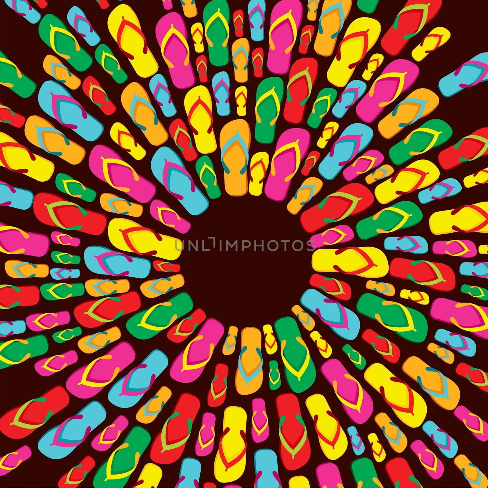 Flip flops summer splash mandala over dark background. Vector file layered for easy manipulation and custom coloring.
