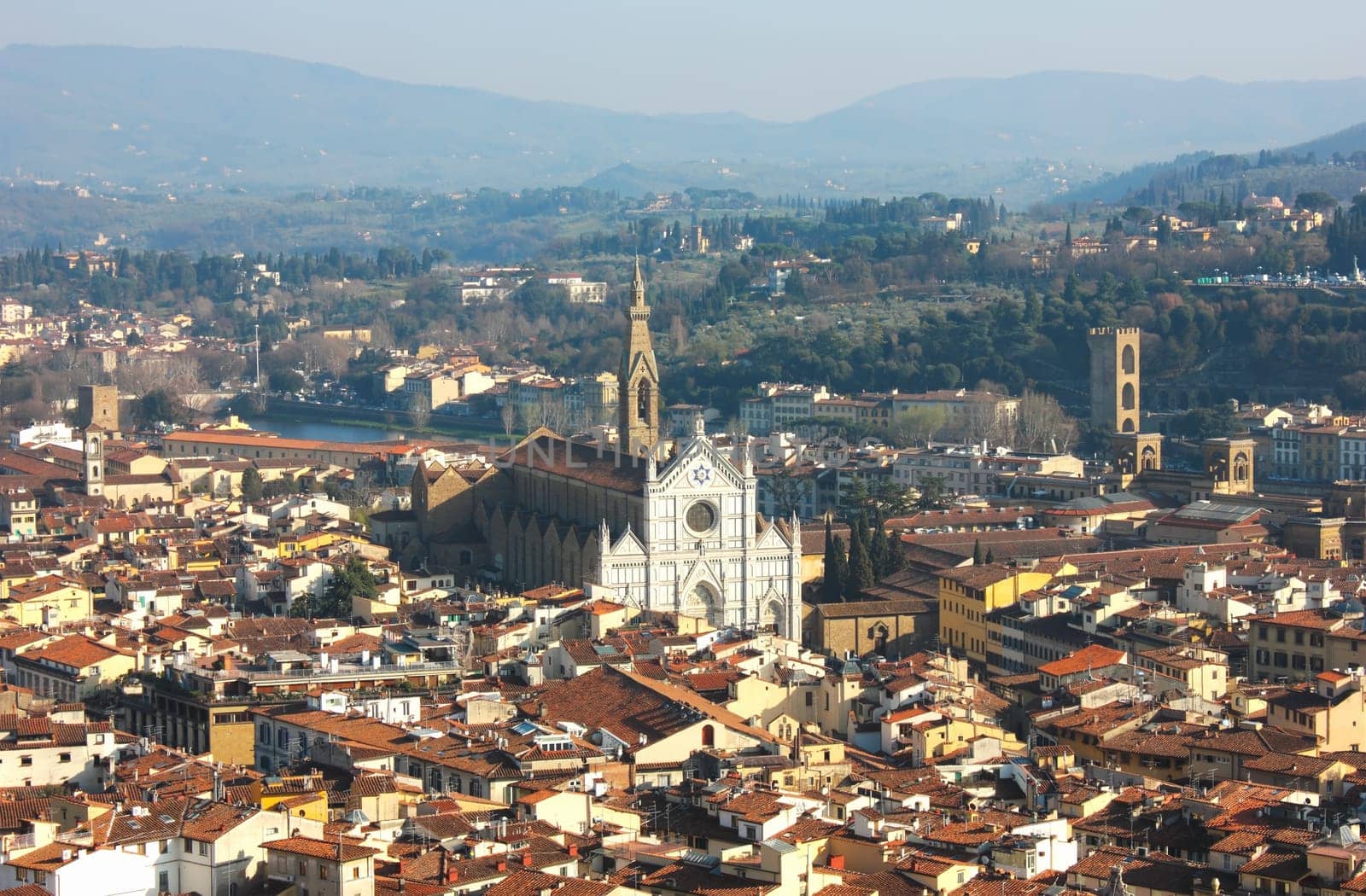 Panoramic view of Florence with The Basilica di Santa Croce in the distance.
