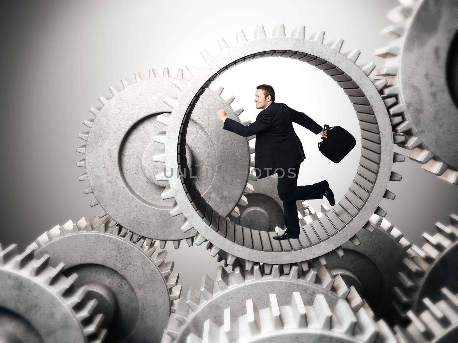 businessman running inside of metal gear