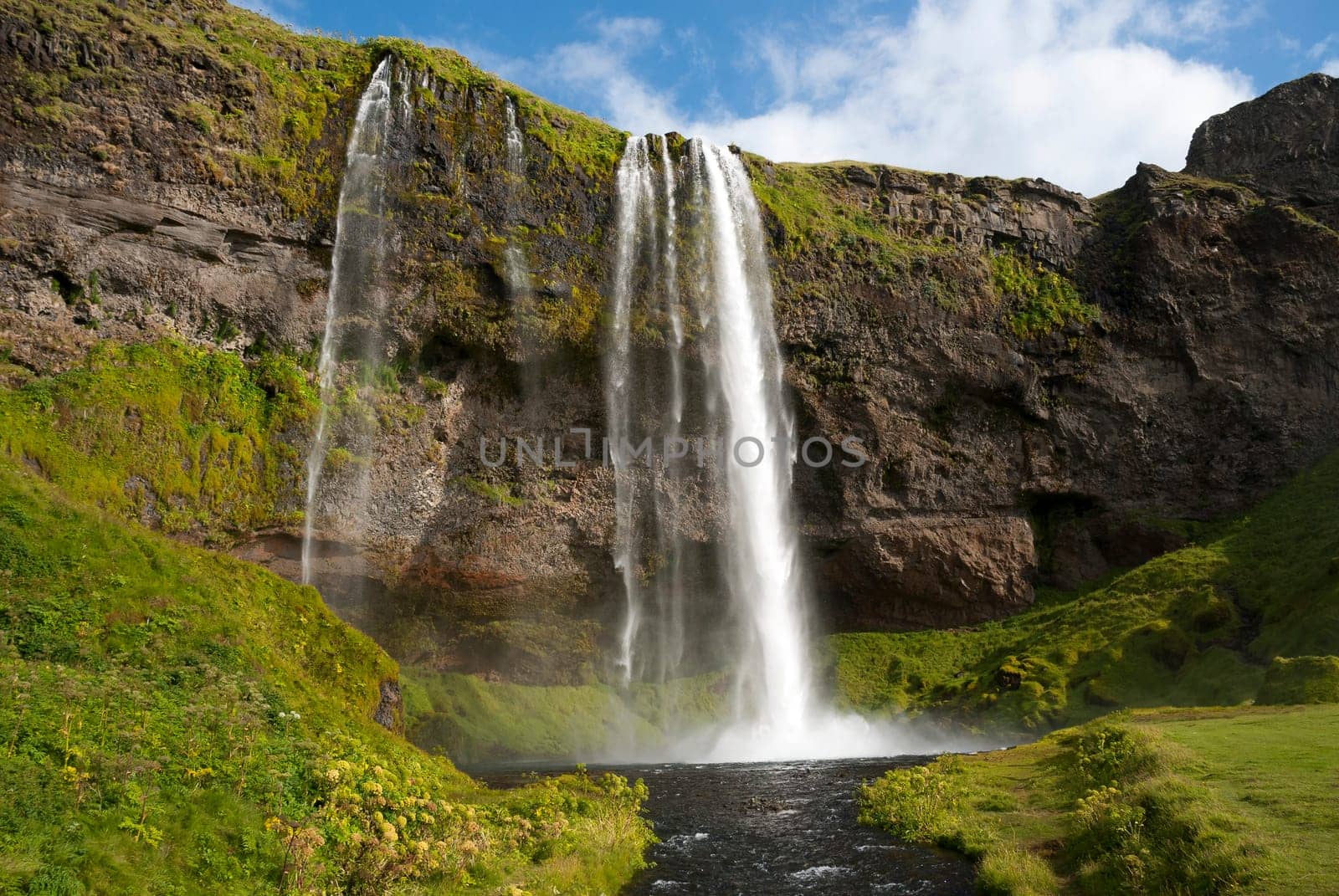 front view of the waterfall Seljalandsfoss in Iceland