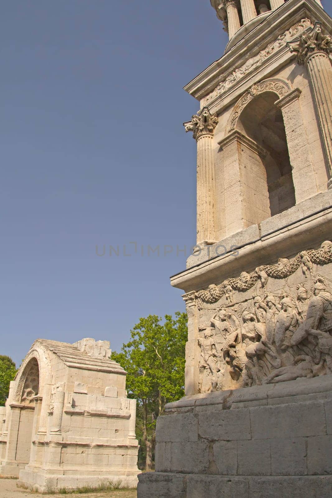 Triumphal arch in Glanum.  Roman city situated south of Saint-Remy-de-Provence France. Vertically.