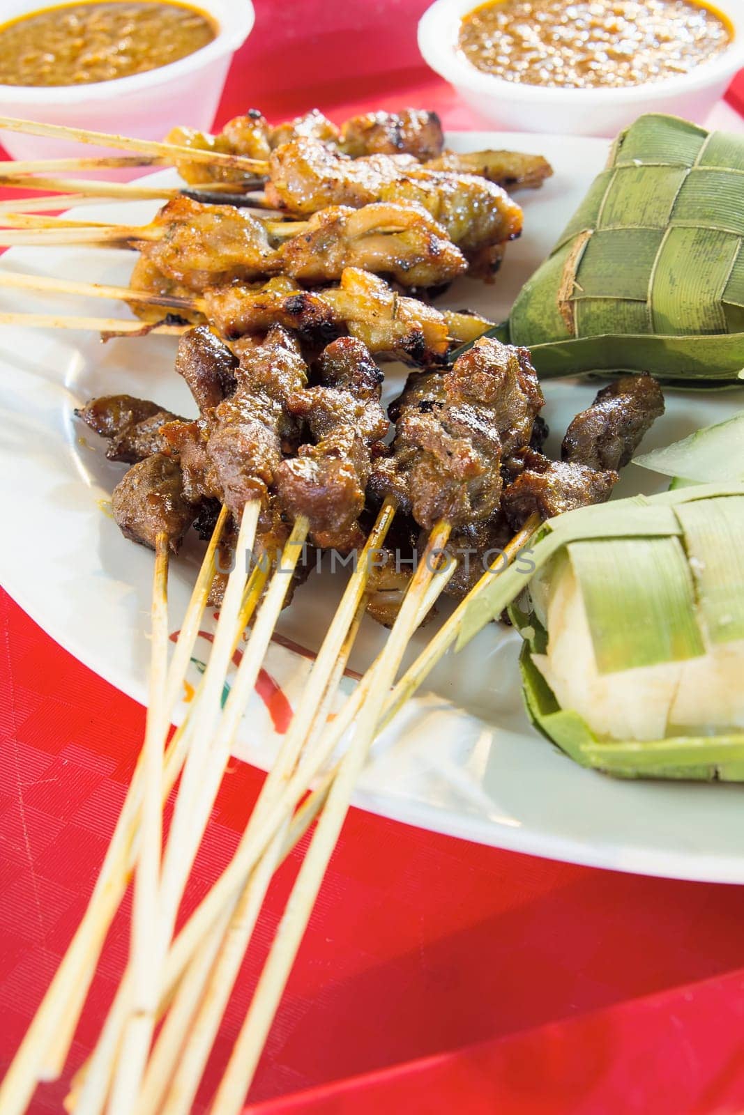 Chicken Beef and Mutton Satay with Ketupat and Peanut Gravy Sauce