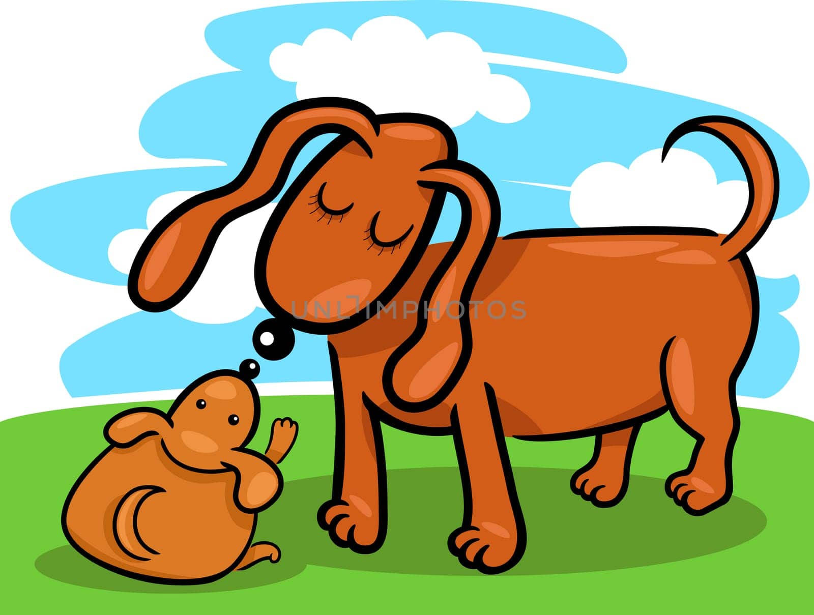 Cartoon Illustration of Cute Little Puppy and his Dog Mom on the Meadow Against Blue Sky