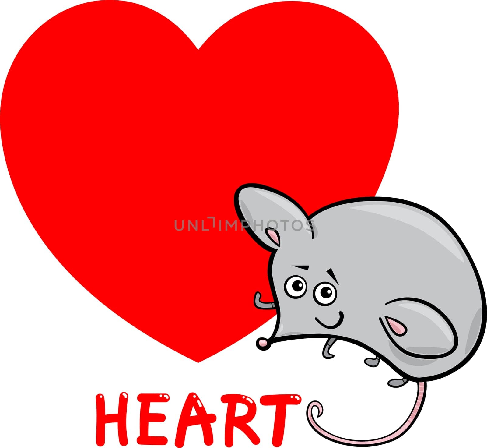 Cartoon Illustration of Heart Basic Shape with Funny Mouse Character for Children Education