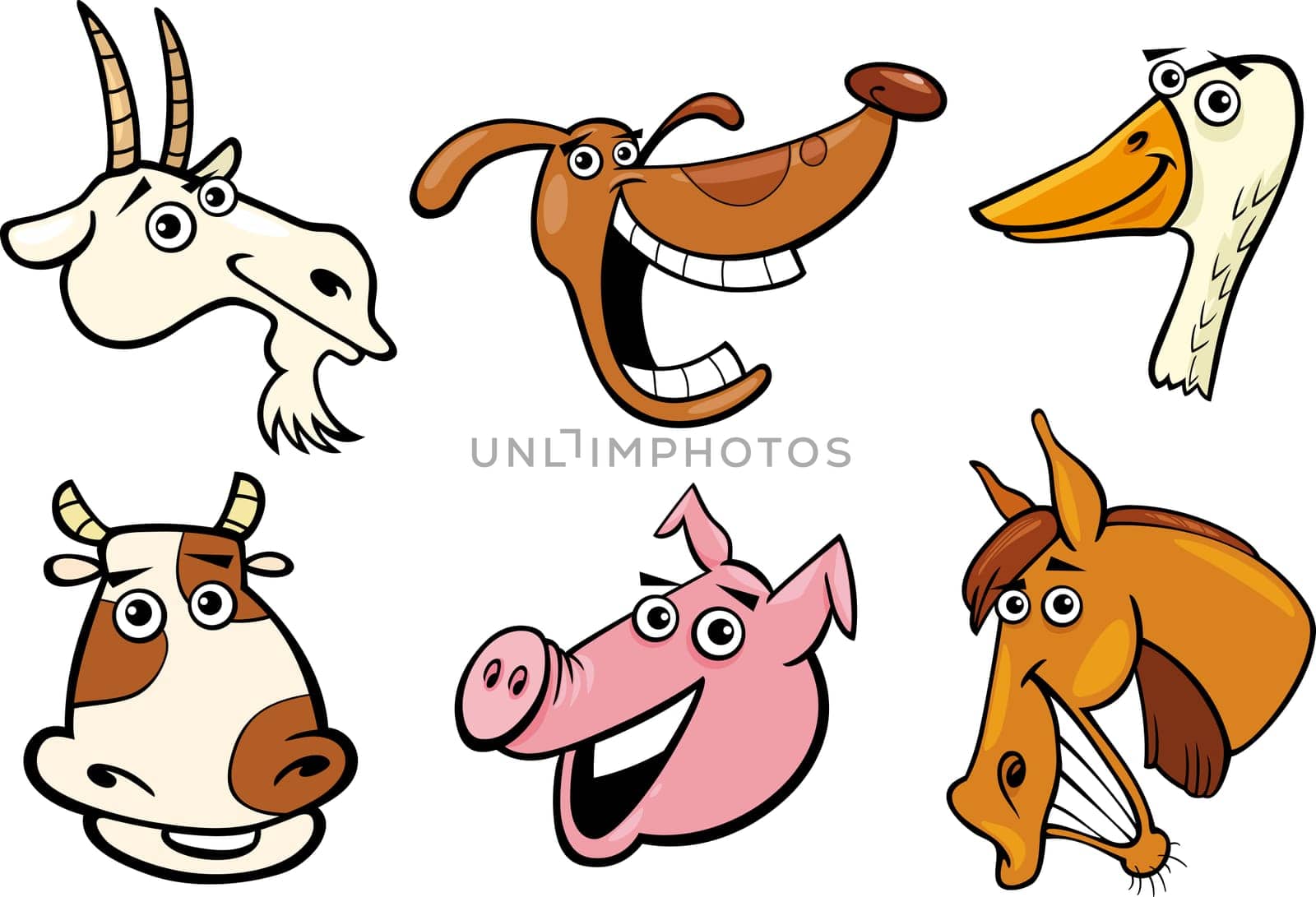 Cartoon Illustration of Different Funny Farm Animals Heads Set: Goat, Pig, Cow, Horse, Dog and Goose