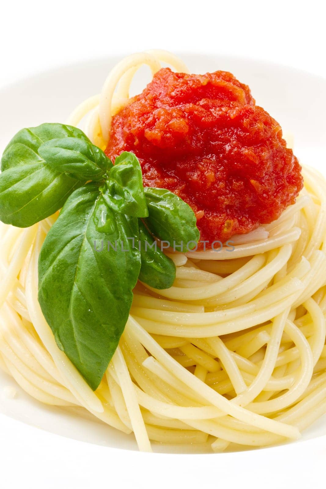 spaghetti with tomato sauce and basil