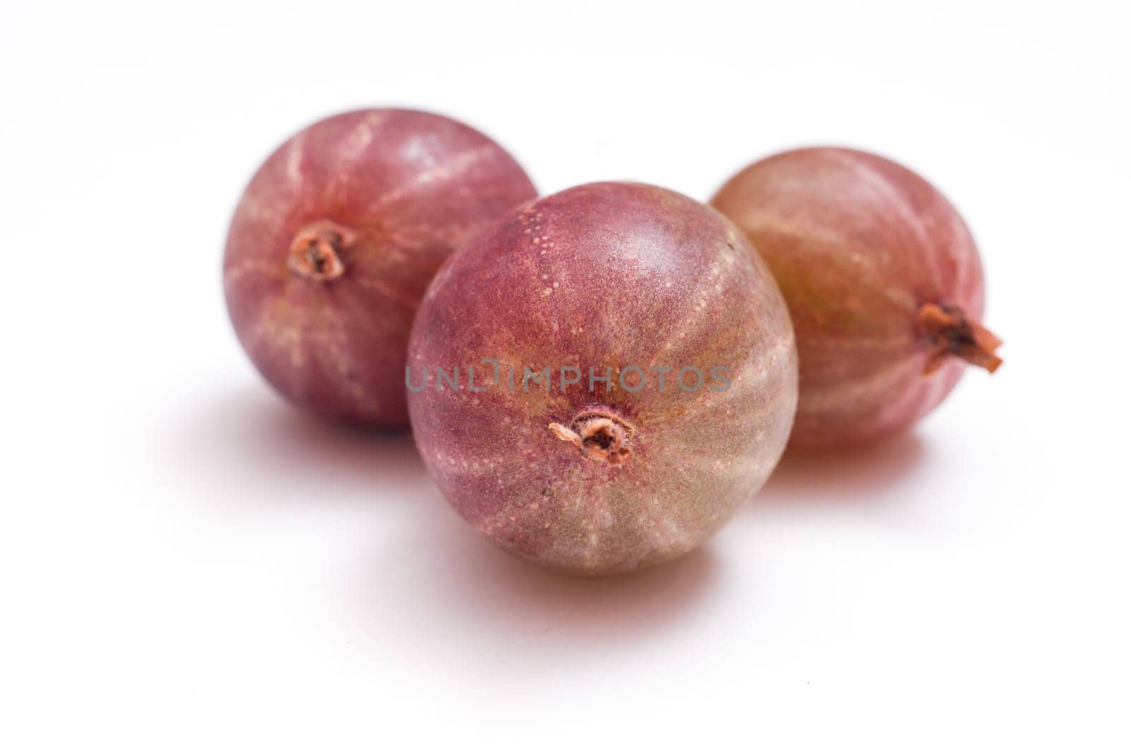 Close-up of three gooseberries on white background