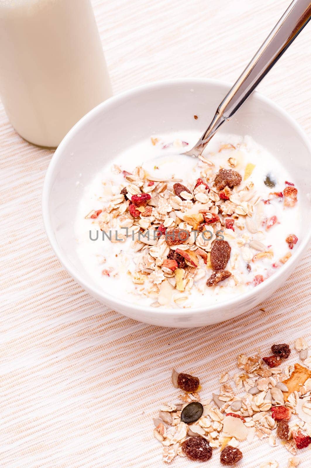 Whole food muesli in a bowl with spoon