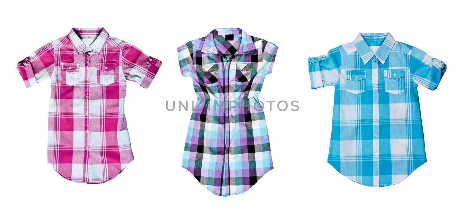 collage of the three checkered shirt, red and blue on a white background. The image is composed of several photographs.
