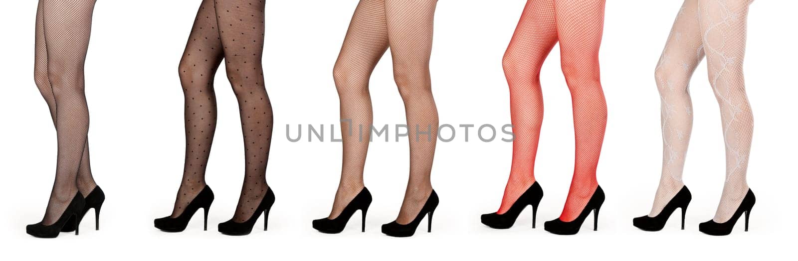 A collage of five pairs of female legs in pantyhose and shoes isolated on a white background. The image is composed of several photographs.