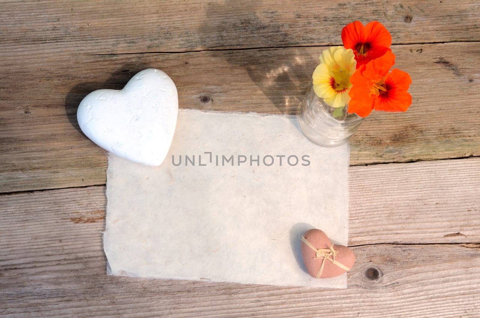 Handmade Paper Heart Flowers Old Wood Background