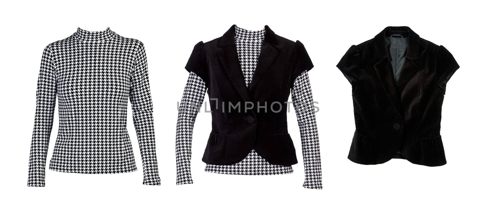 A collage of patterned blouses with "crows feet"" and a black vest. The image is composed of several images."