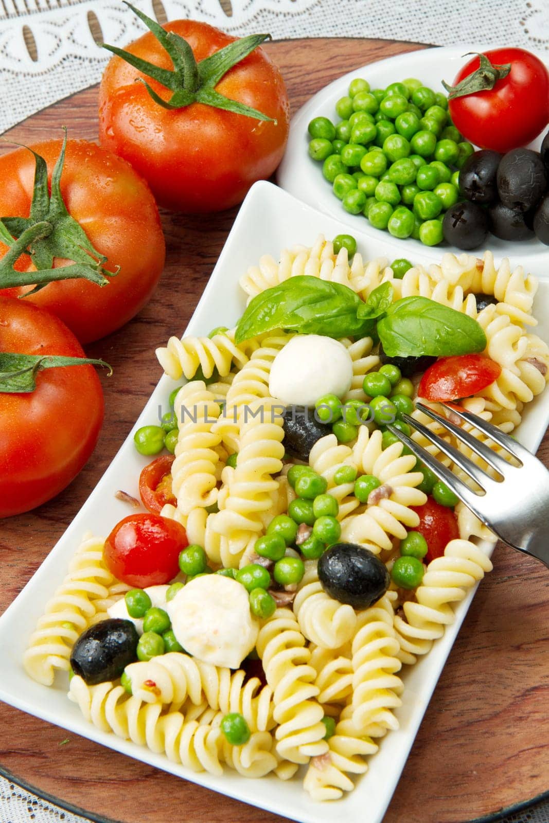 Pasta salad with mozzarella and basil