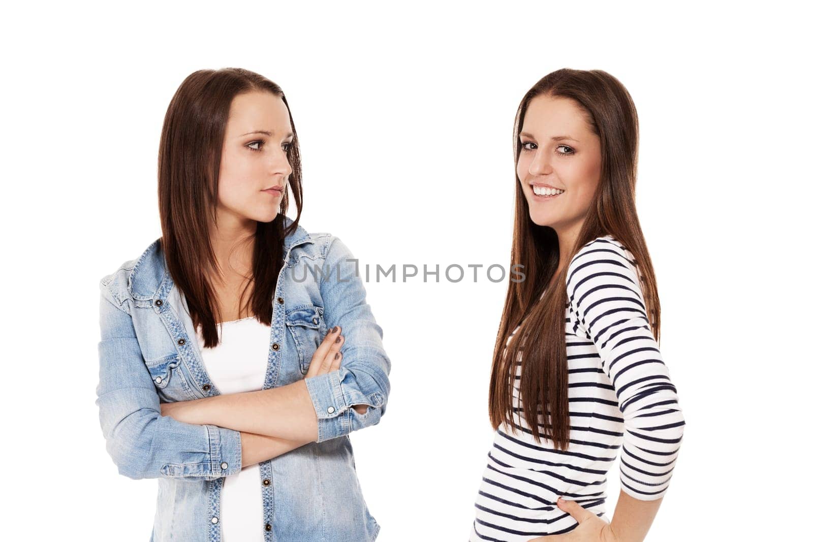 Angry and happy teenager on white background