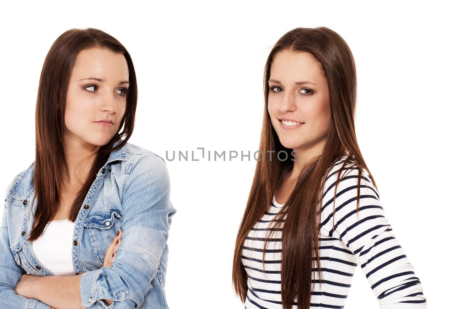 Angry and happy girl on white background