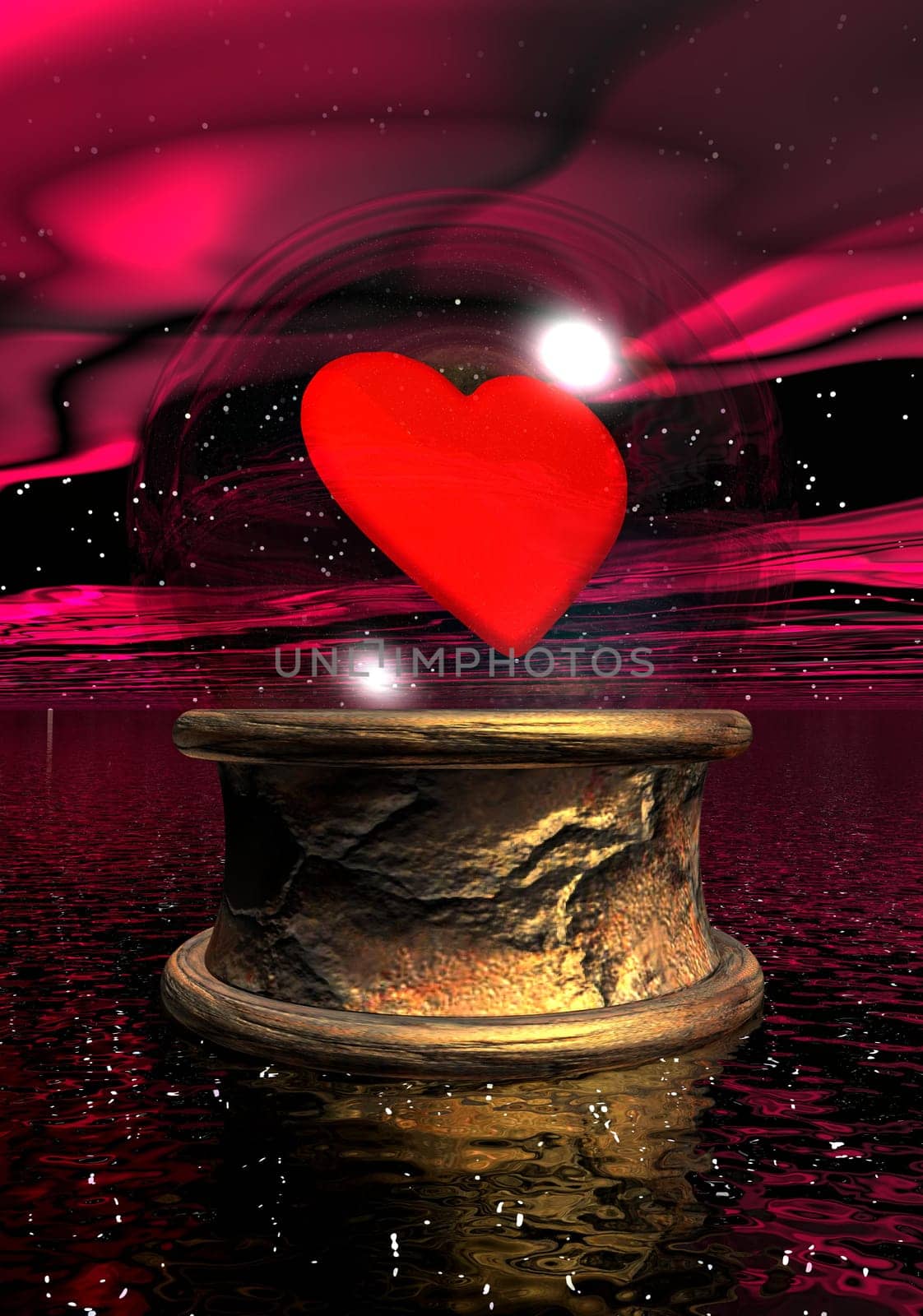 Crystal ball with a red heart inside upon golden base in night background