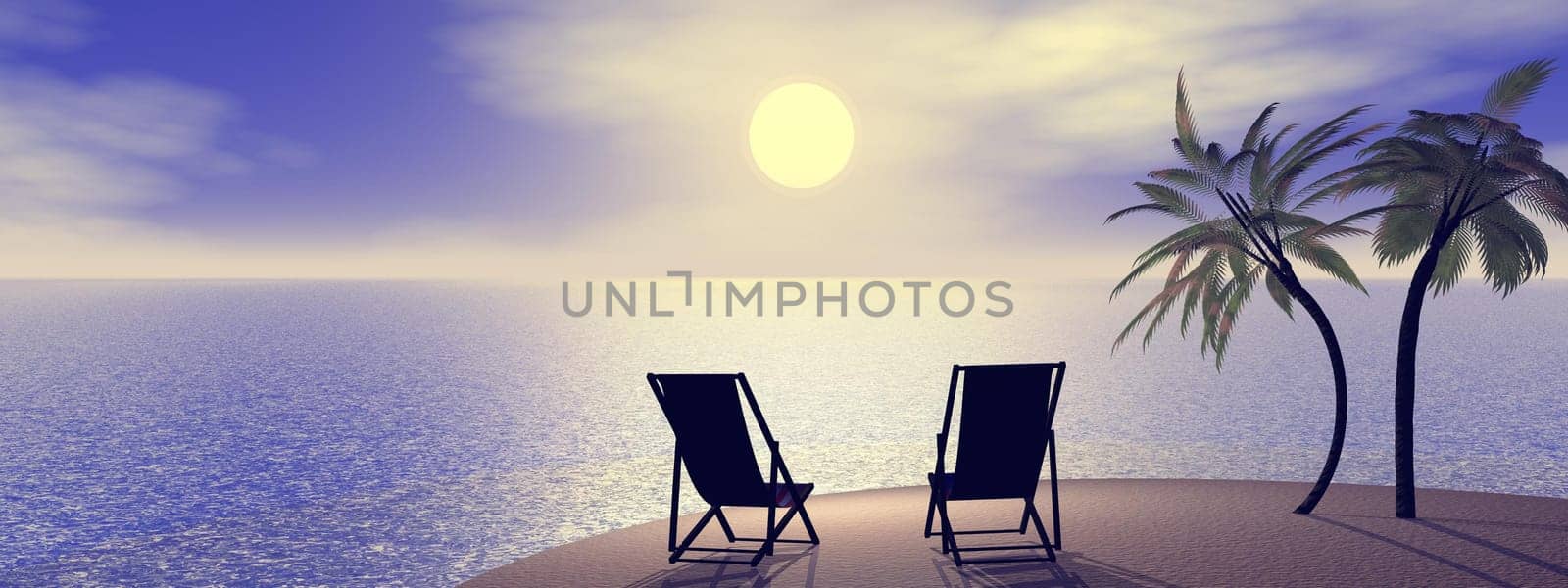 Two chairs and palm trees on the sand next to the sea by sunrise