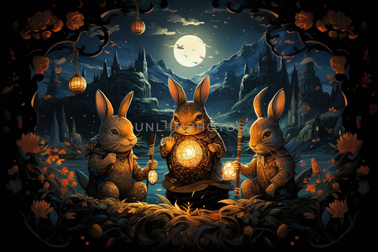 Within the realm of fantasy, playful moon rabbits frolic, their presence bringing luck and fortune to those fortunate enough to encounter them.