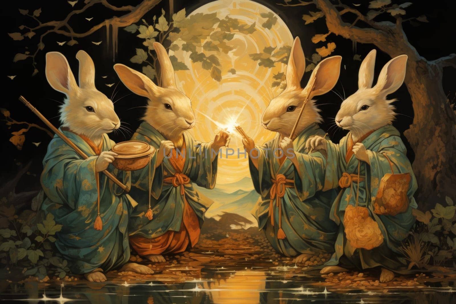 Within the realm of fantasy, playful moon rabbits frolic, their presence bringing luck and fortune to those fortunate enough to encounter them.