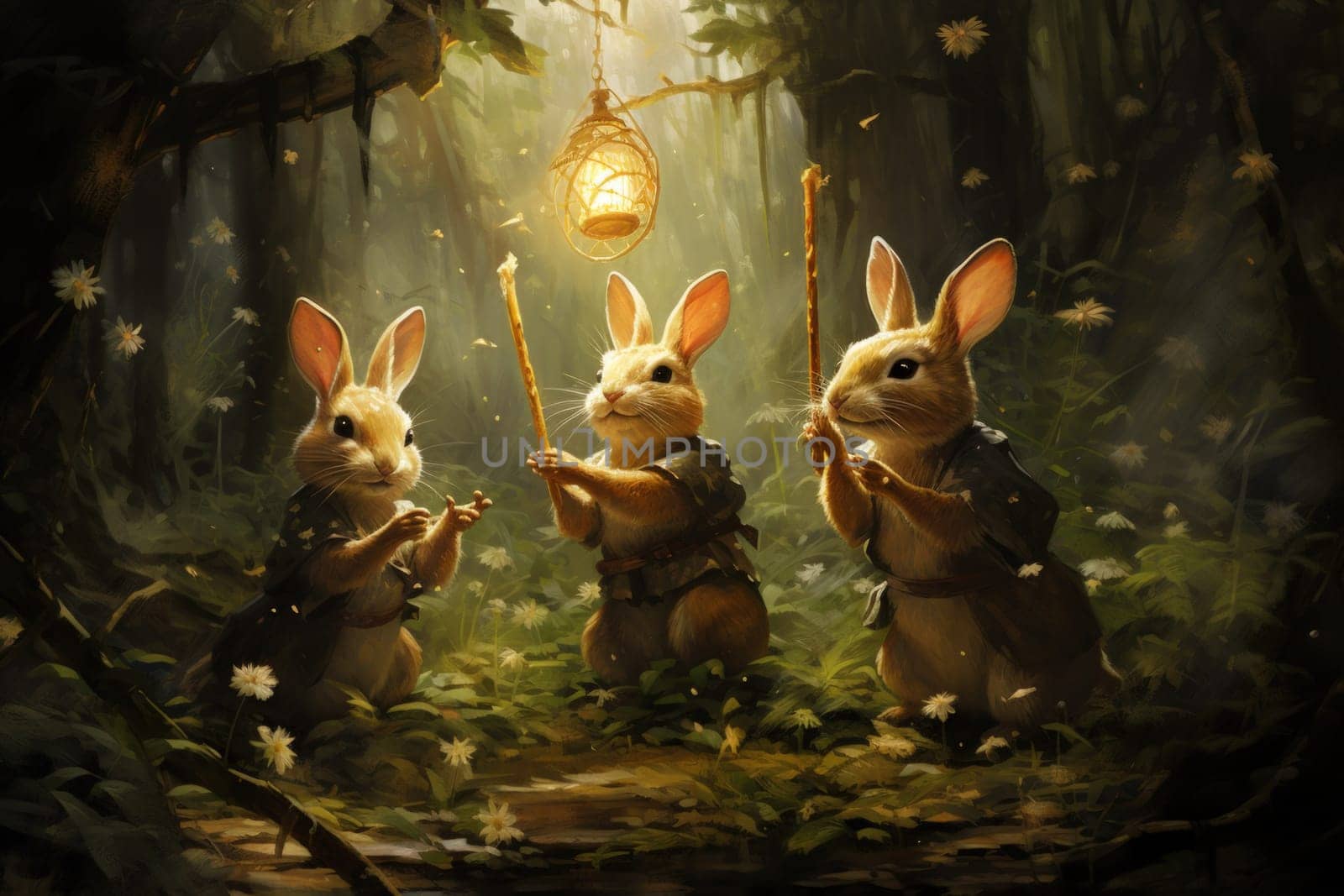 Within the realm of fantasy, playful moon rabbits frolic, their presence bringing luck and fortune to those fortunate enough to encounter them.