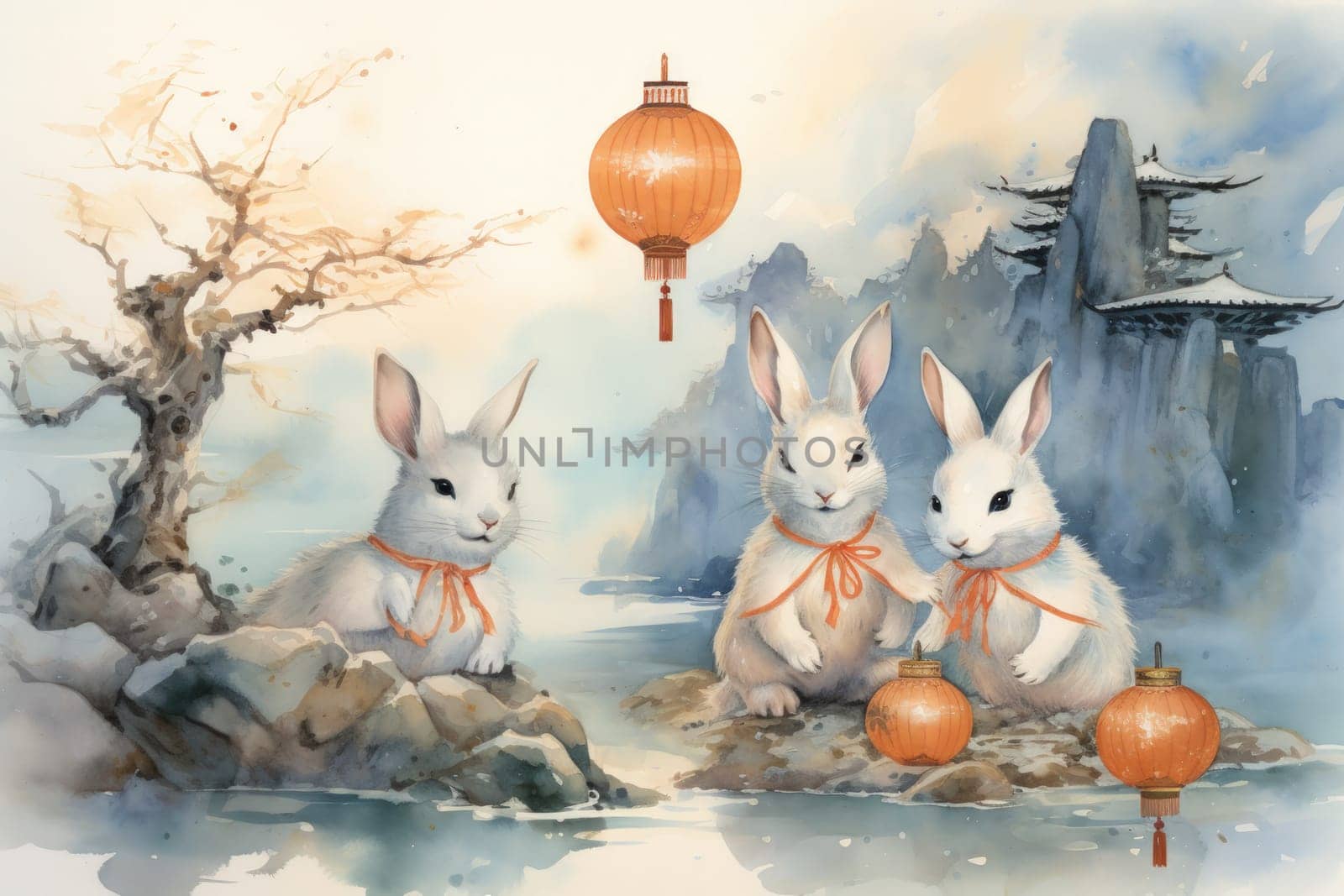 Within the realm of fantasy, playful moon rabbits frolic, their presence bringing luck and fortune to those fortunate enough to encounter them.